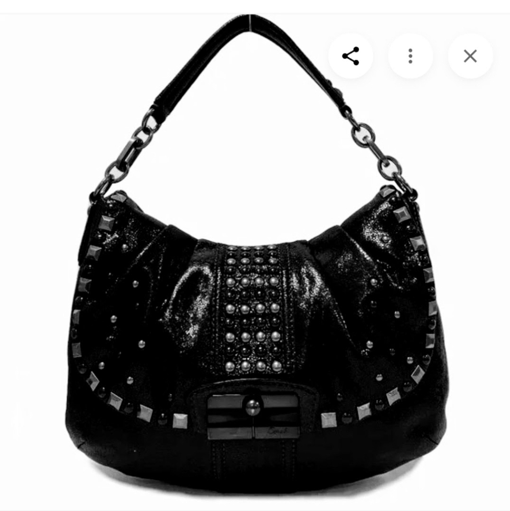 Coach Metallic Gunmetal Black Leather Studded Hobo Handbag